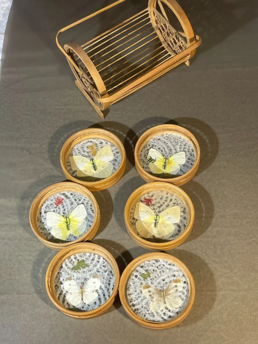 Vintage Bamboo Butterfly Drink Coaster Set Holder & 6 Coasters (#1727)